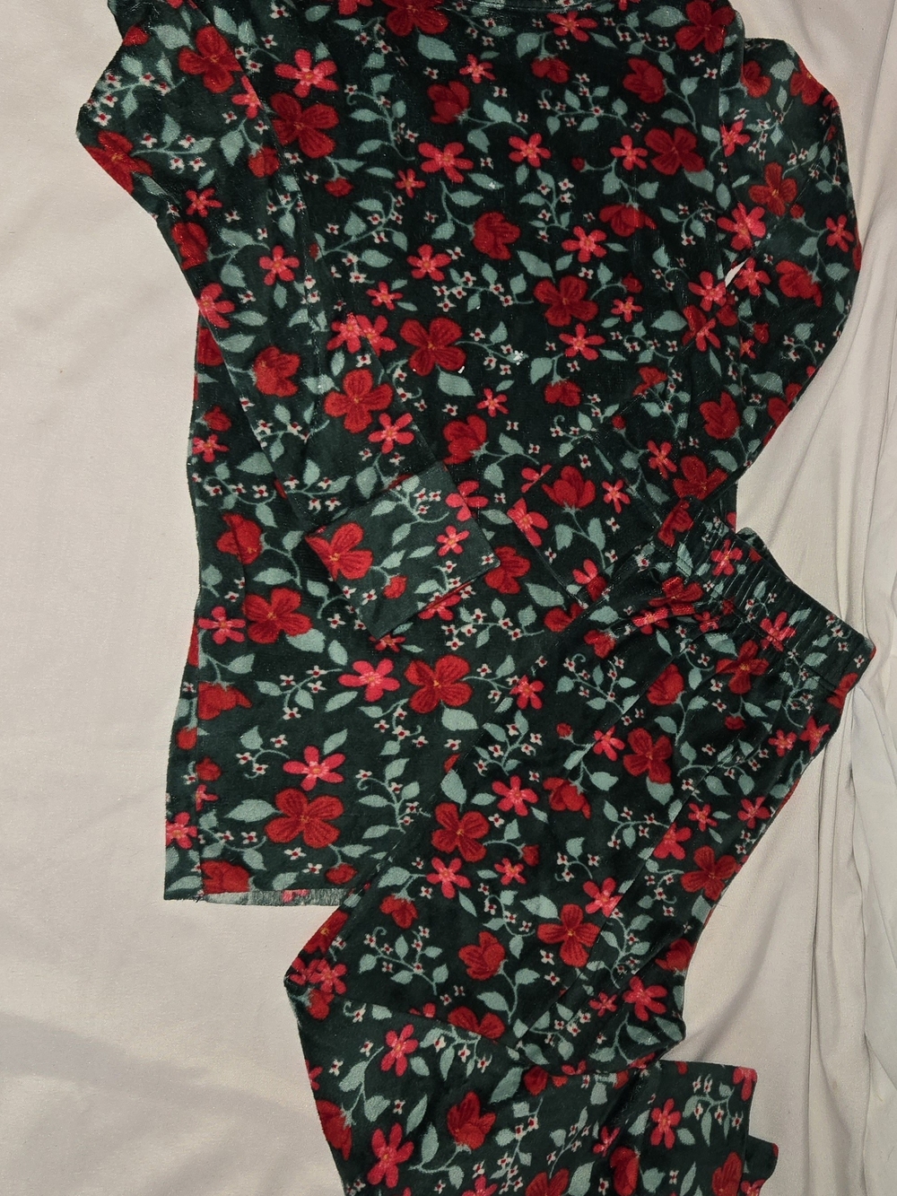 Cat & Jack Dark Green Pajama Set with Red Floral Print